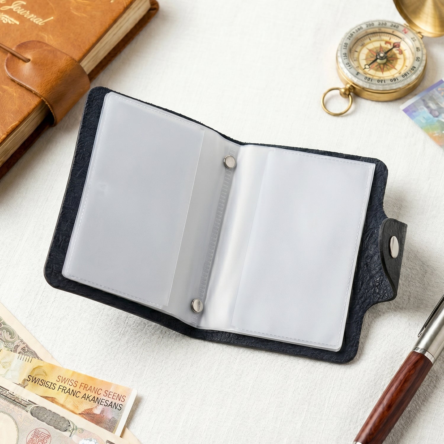 Compact business card holder wallet in black PU leather.