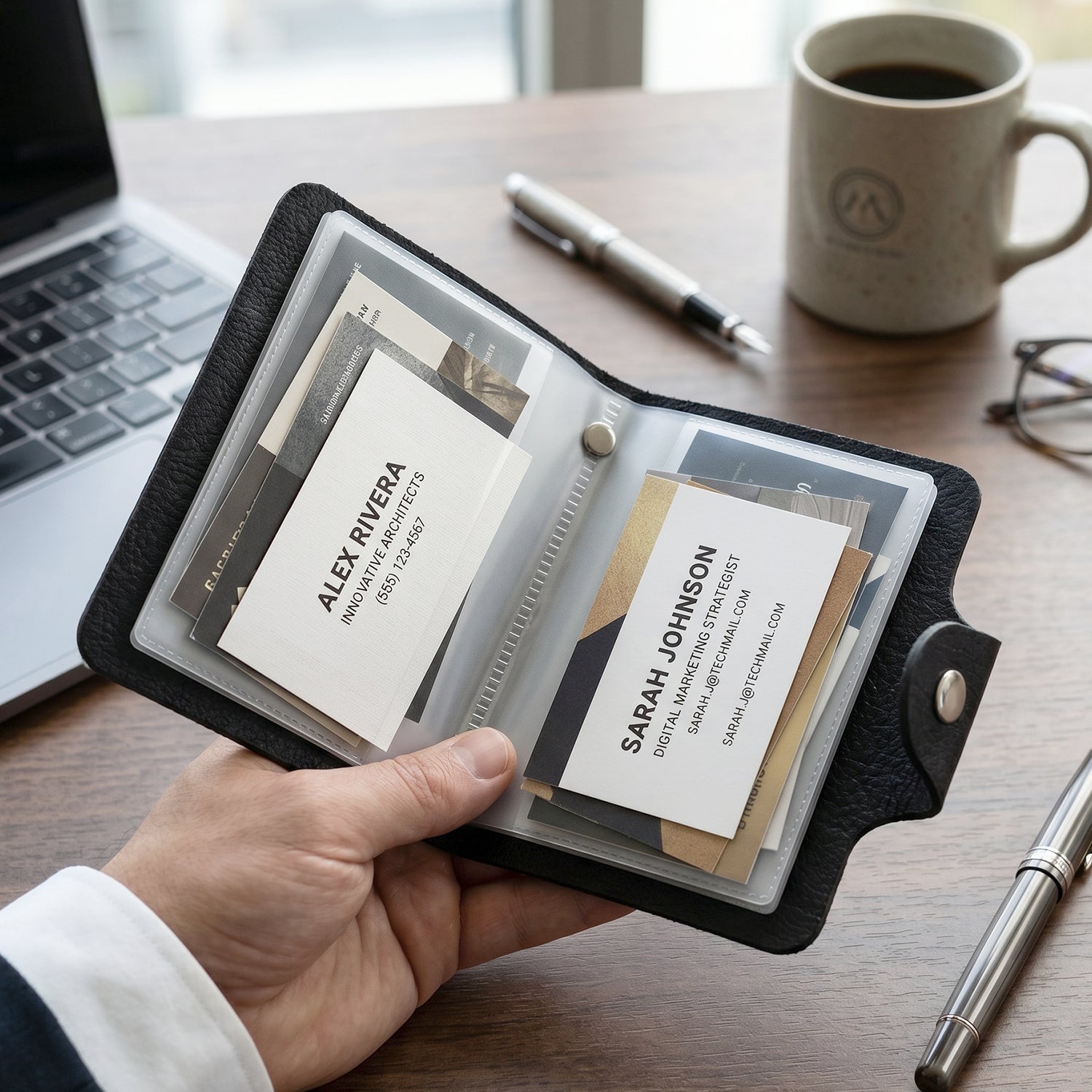 Front view of the slim card holder with 12 pockets.