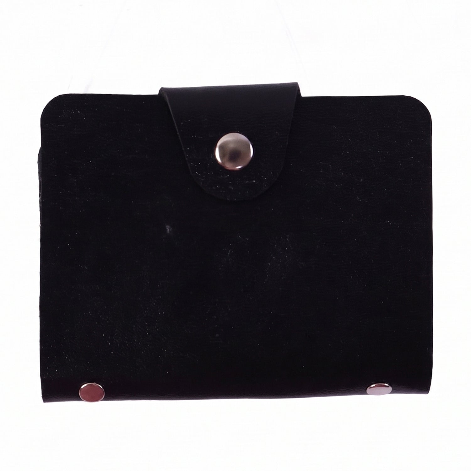 Elegant black card holder wallet with secure button closure.
