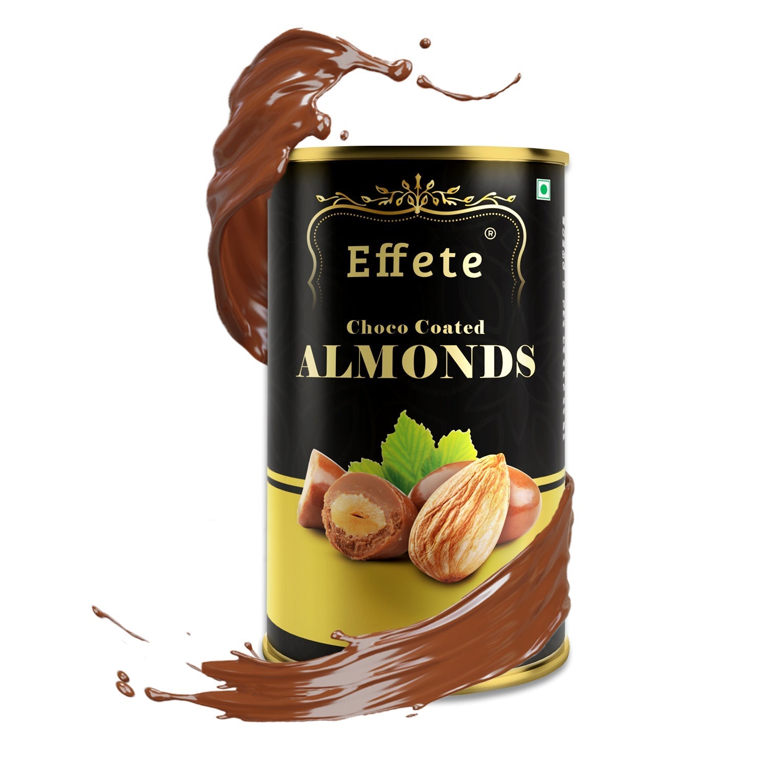 Effete Choco Coated Almonds tin with chocolate splashing around it on a clean white background.