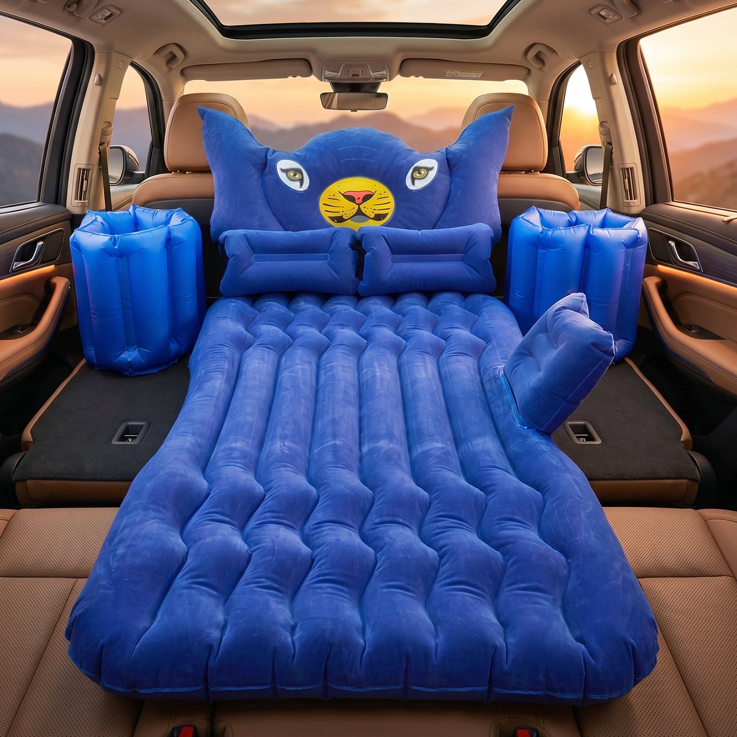 Inflatable Car Bed Set with Lion Head Pillow and Cushions for Comfortable Travel Sleeping (1 Set)