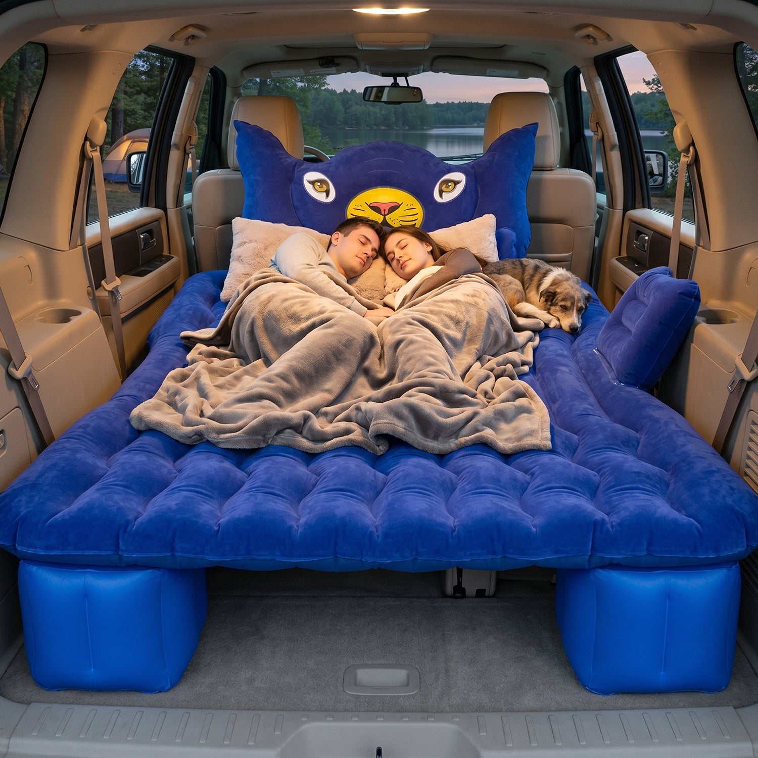 Inflatable Car Bed Set with Lion Head Pillow and Cushions for Comfortable Travel Sleeping (1 Set)