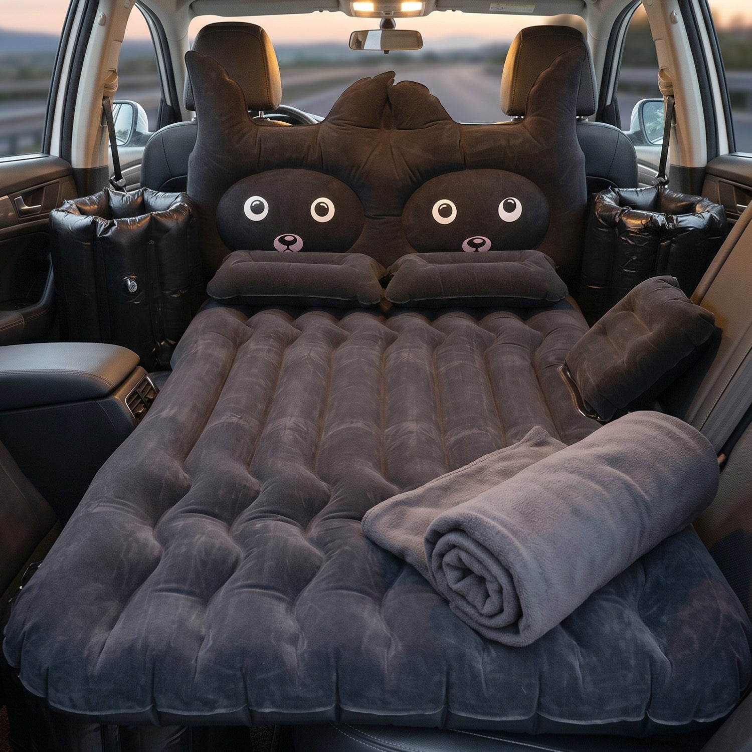 Car Air Mattress Set with Black Cat Pillow â€“ Comfortable Travel Bed