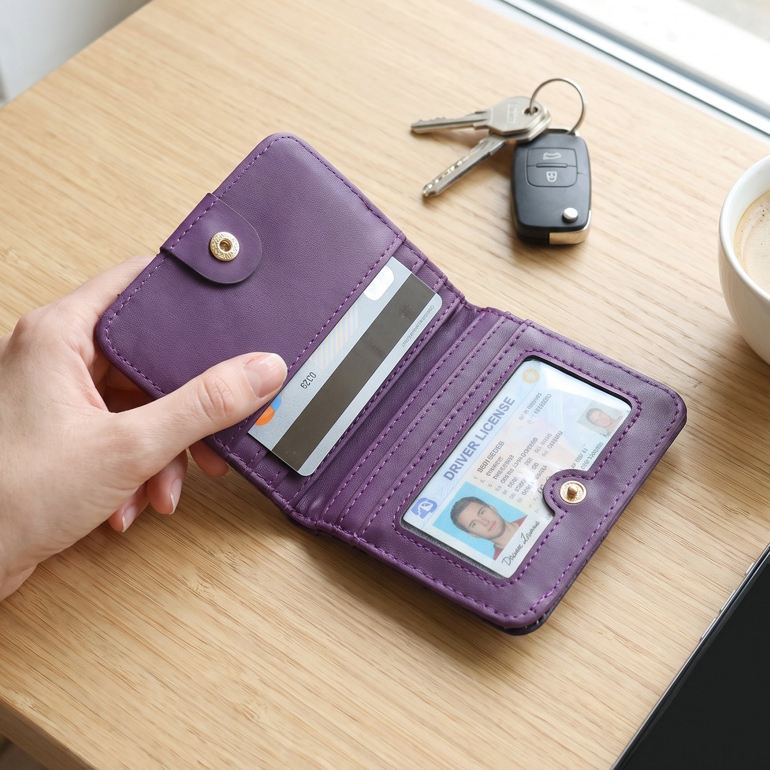 PU leather wallet shown closed from the front