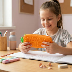 Carrot-shaped Pop It pencil pouch with textured bubble surface