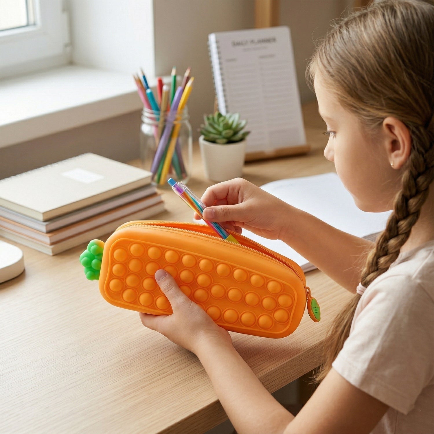 Open Pop It silicone pencil pouch holding pens & pencils