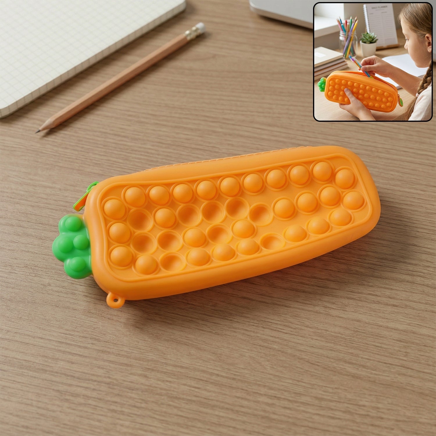 Front view of Pop It silicone pencil pouch in carrot design