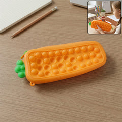 Front view of Pop It silicone pencil pouch in carrot design