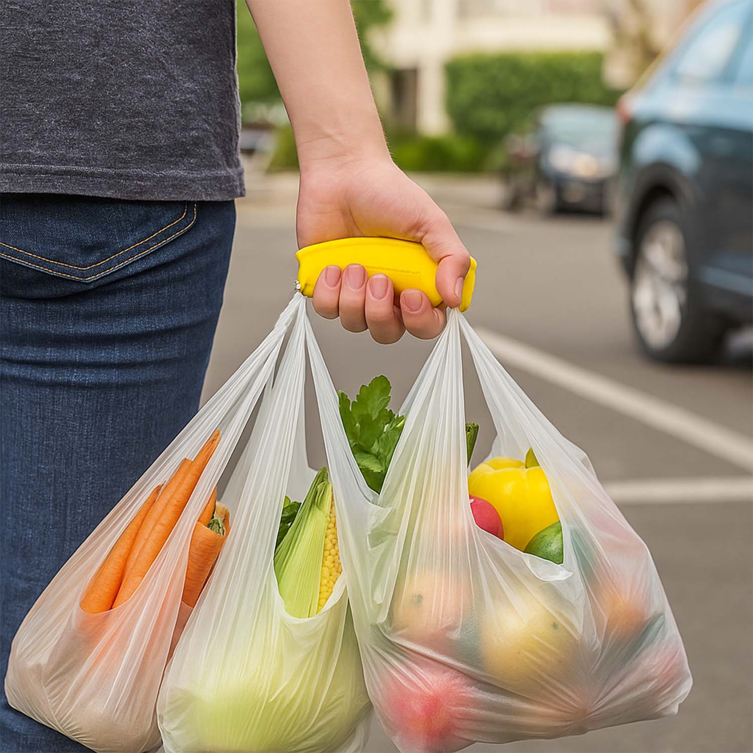 Hand comfortably gripping the silicone bag carrier