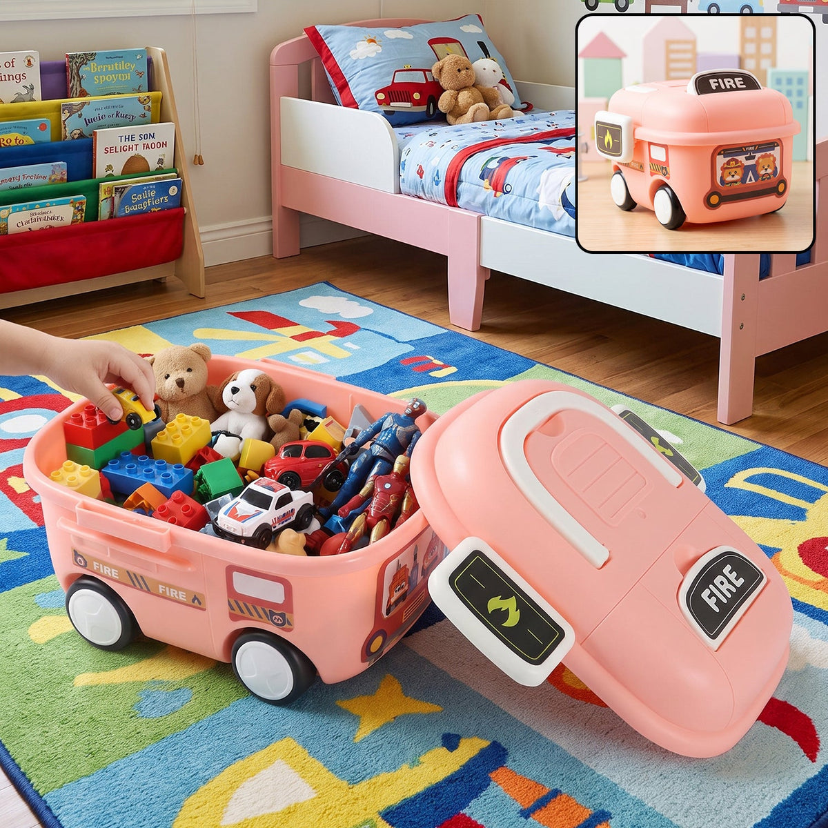 A child's hand reaches into a pink fire truck toy storage box filled with colorful toys on a rug in a bedroom.