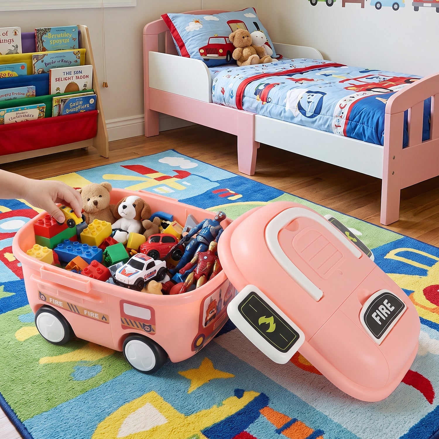 Kids' toy storage box in pink fire truck design for bedroom organization