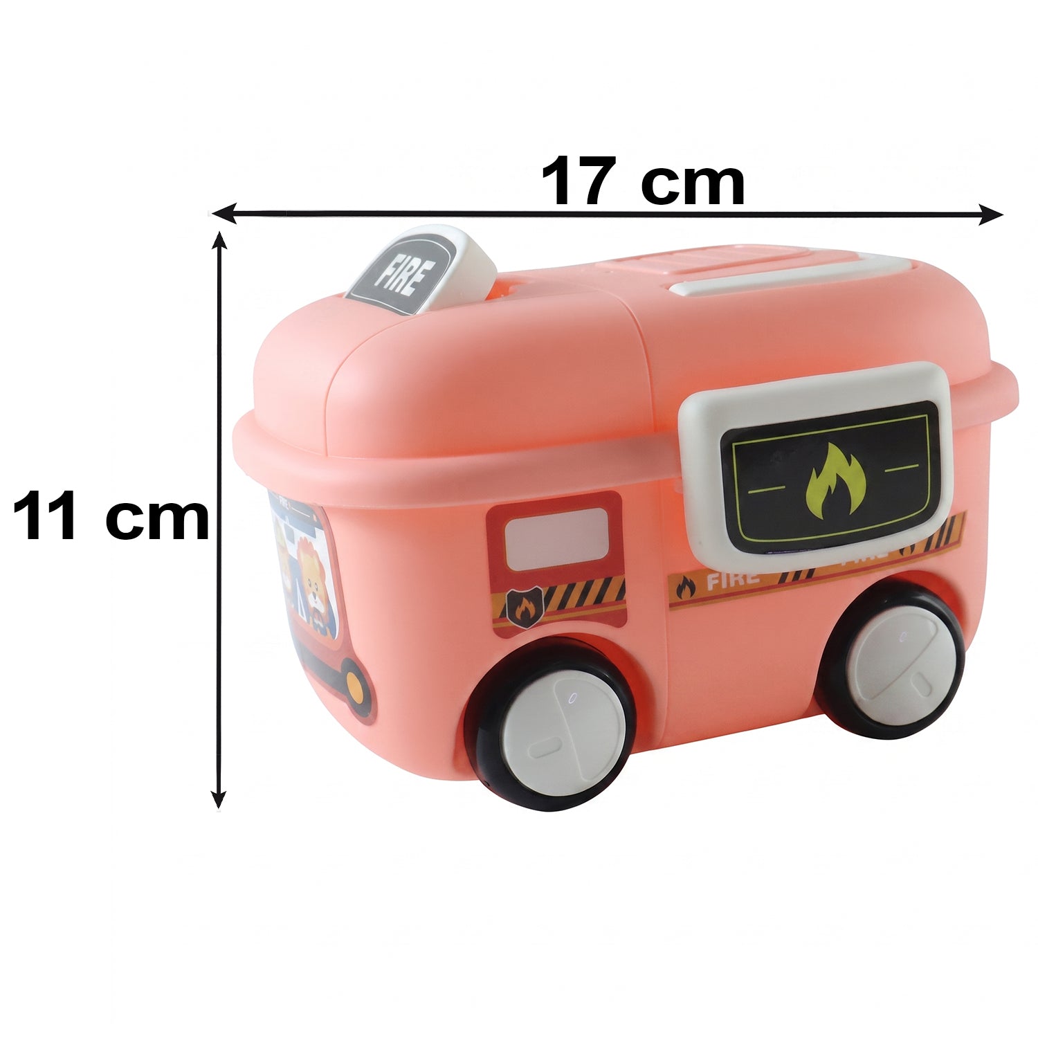 A pink fire truck toy storage box with a lid and wheels is shown with dimensions of 11 cm height and 17 cm width.