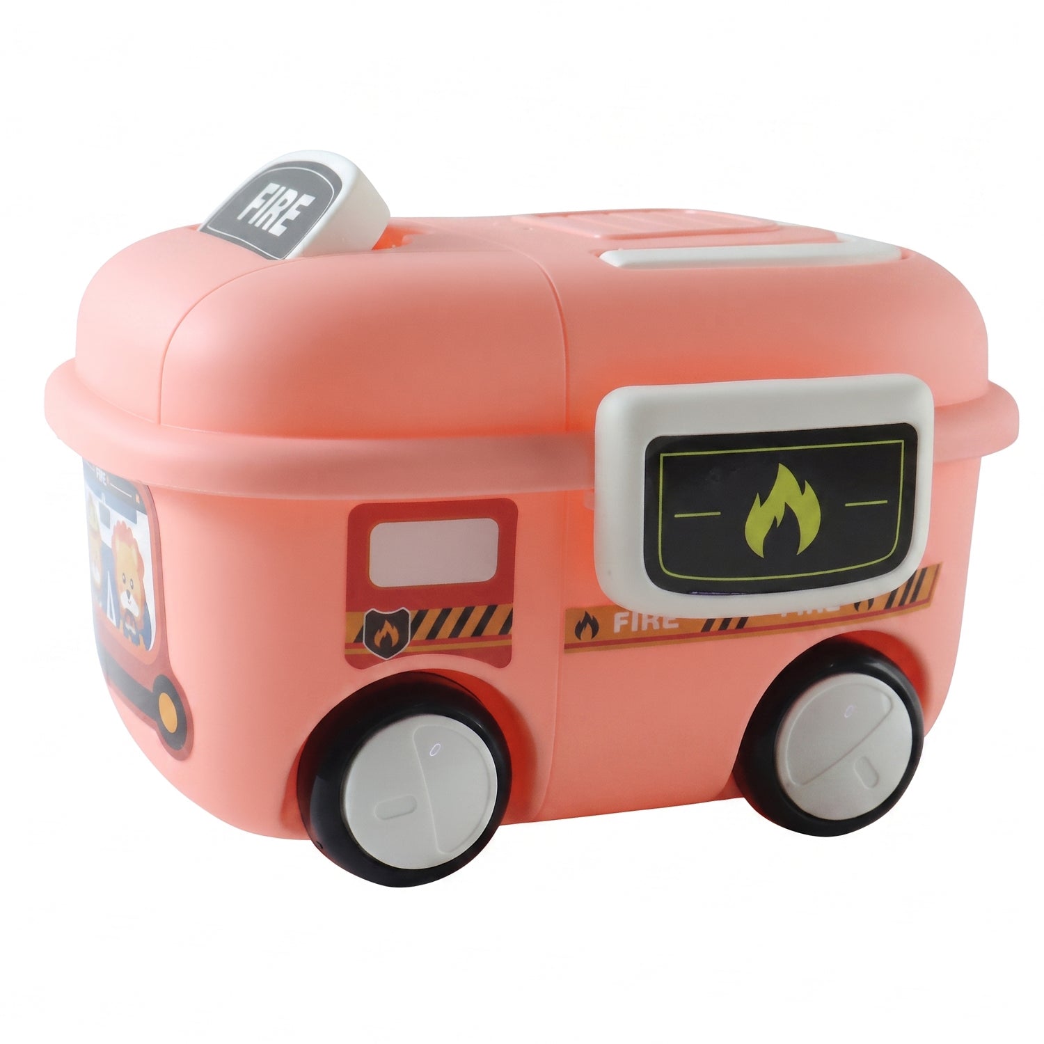 A pink fire truck toy storage box with a lid and wheels is shown from a side angle on a white background.