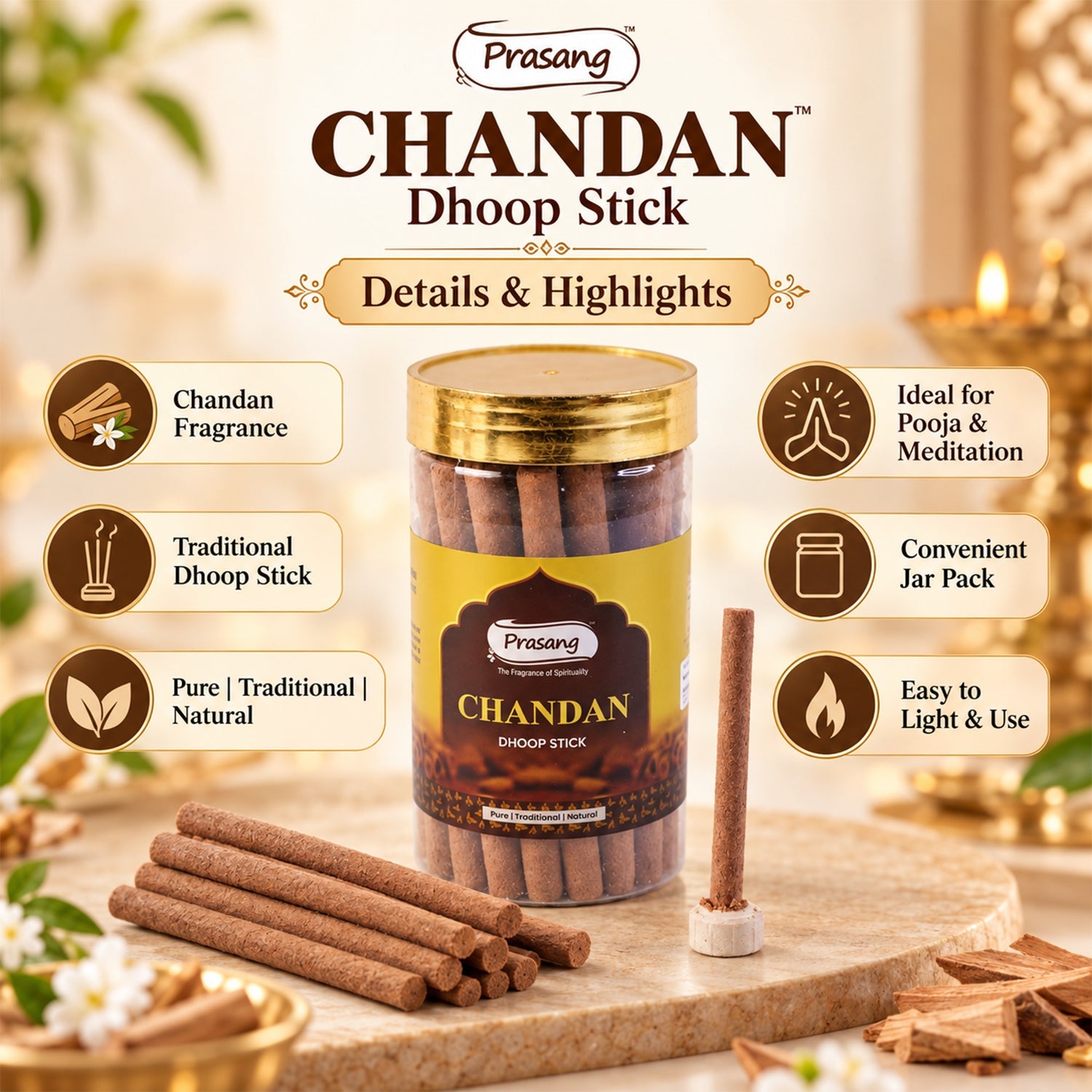 A jar of dhoop sticks with a lit stick and loose sticks on a tray, surrounded by product features.