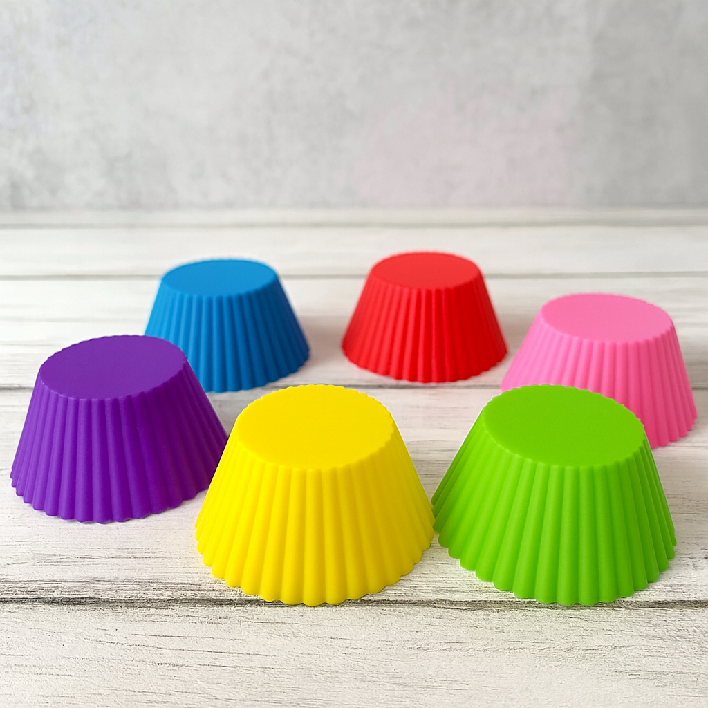 Close-up of silicone cupcake-shaped baking molds on white background