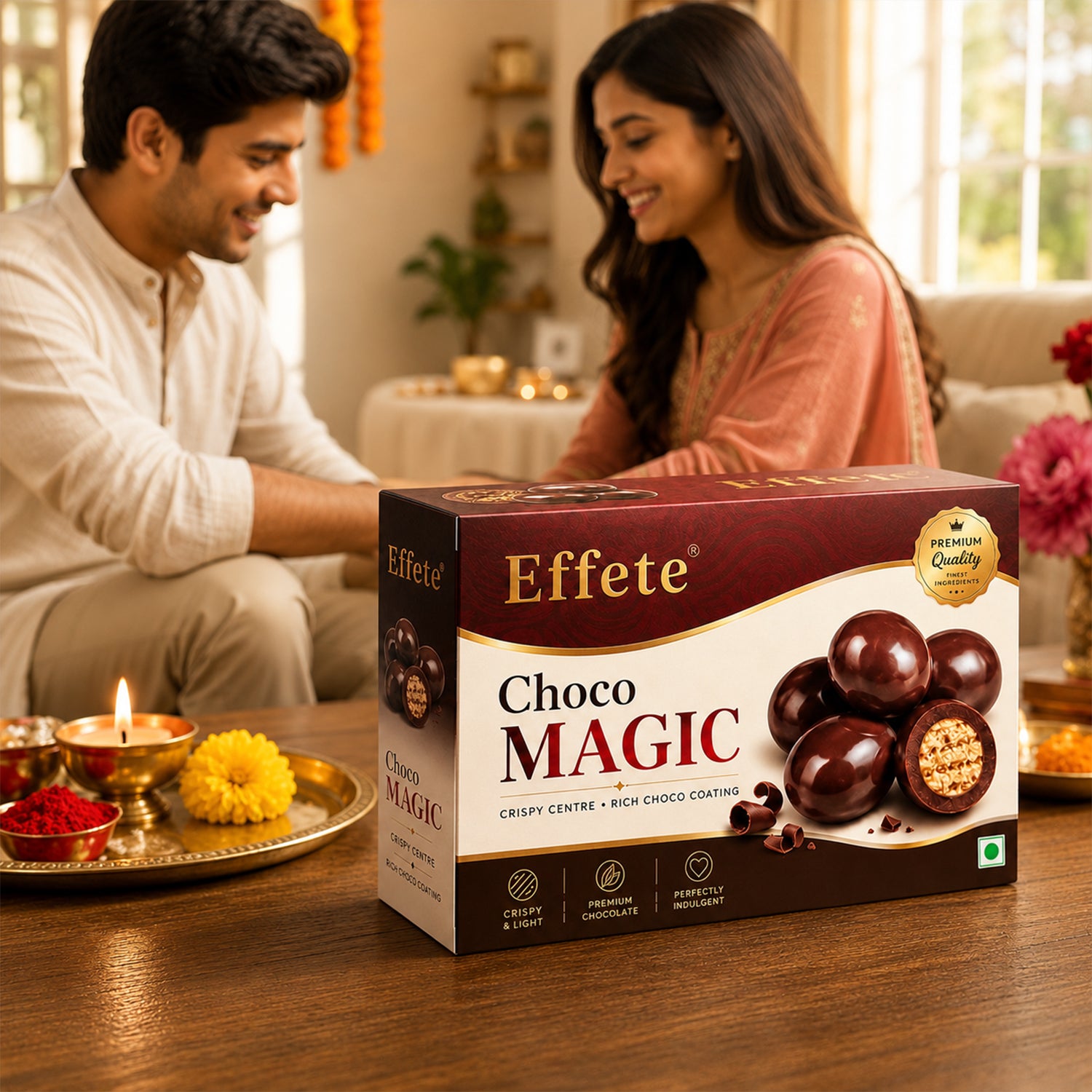 A box of Effete Choco Magic chocolates on a wooden table with a man and woman smiling in the background, festive items