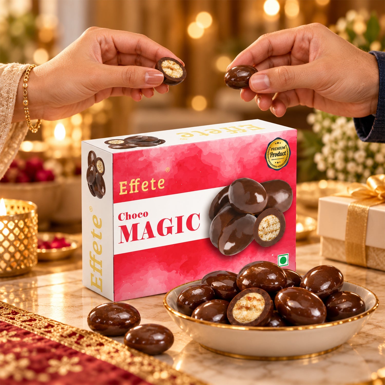 Two hands hold a chocolate candy each, one showing the crispy center, above a box of Effete Choco Magic and a bowl of