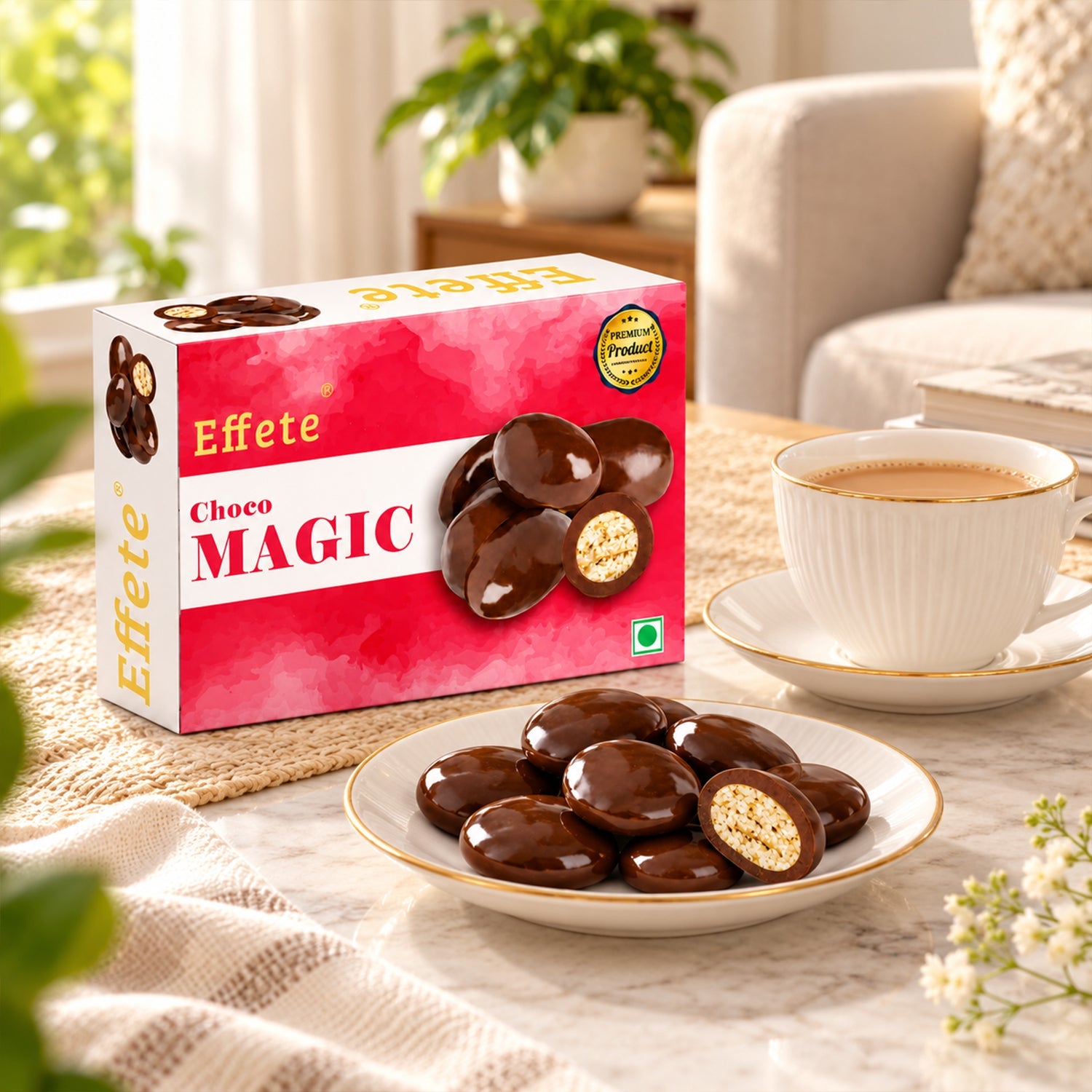 A box of Effete Choco Magic next to a plate of chocolate candies, some revealing their crispy core, and a teacup on a saucer.