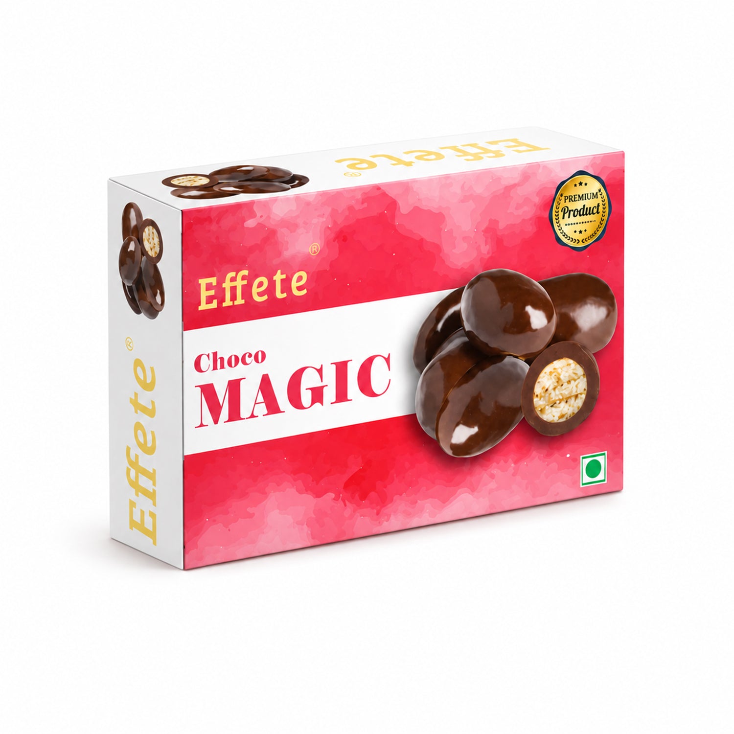 A white and red box of Effete Choco Magic, featuring an image of the chocolate-coated candies, on a plain white background.