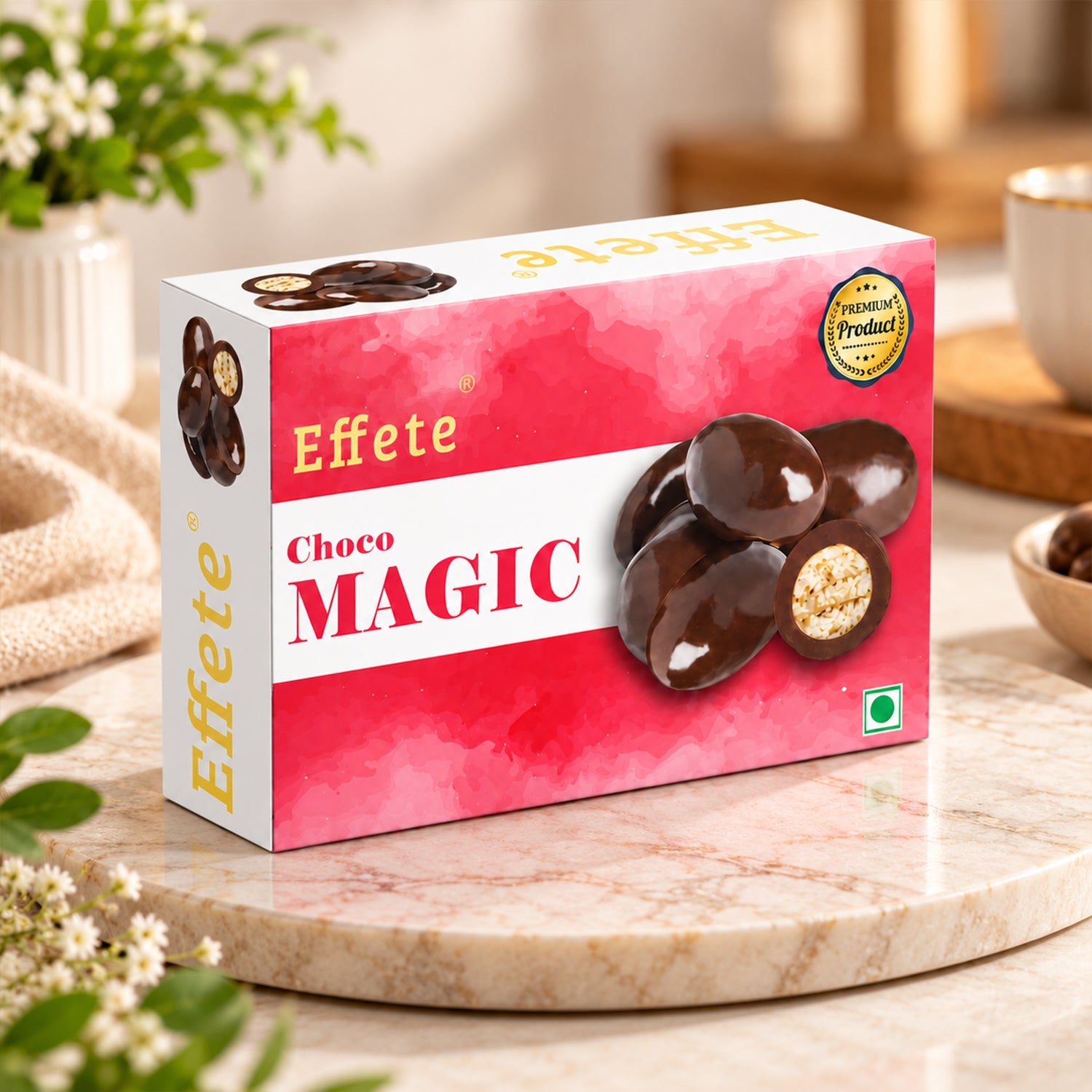 A box of Effete Choco Magic sits on a marble-patterned surface, surrounded by green leaves and a blurred background.