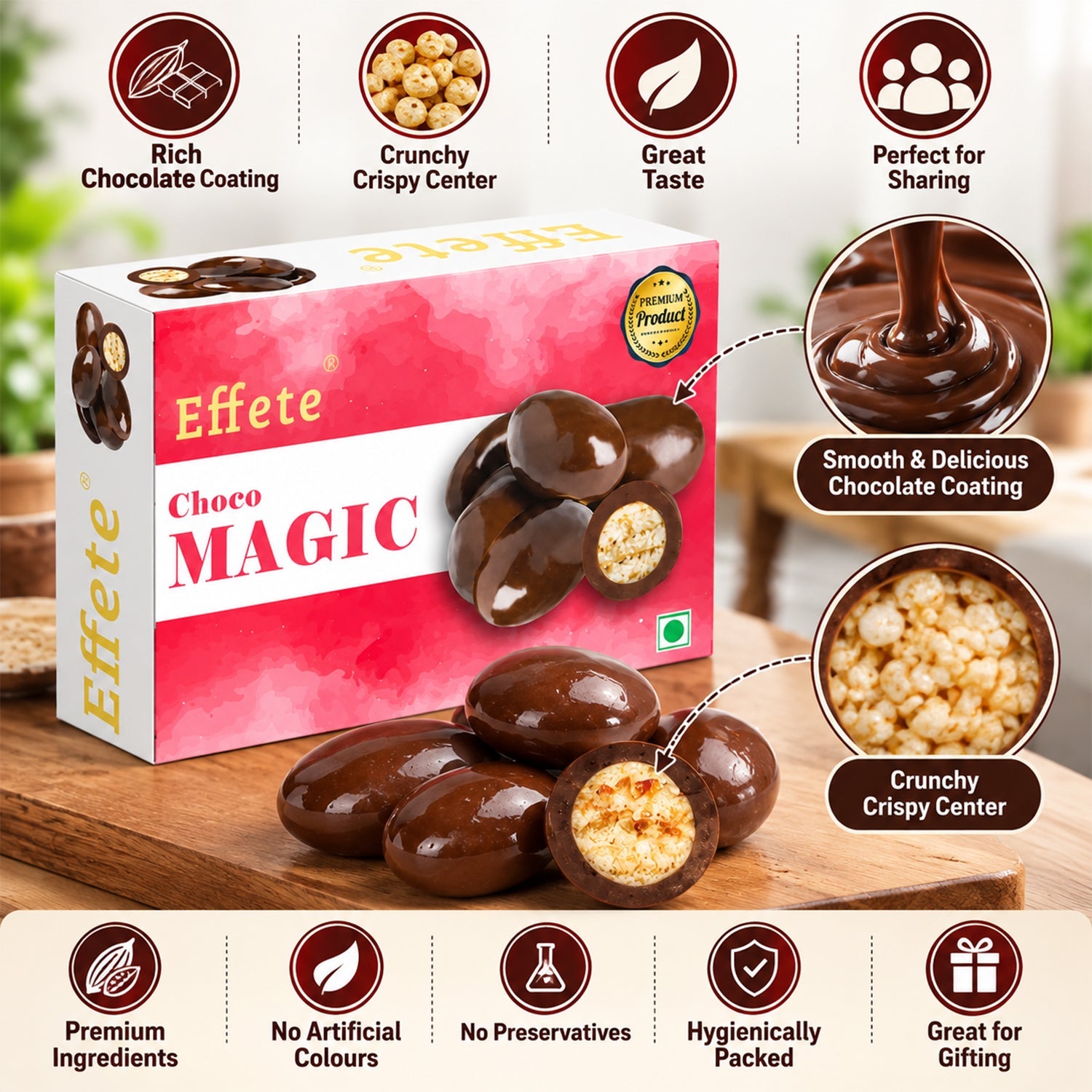 A box of Effete Choco Magic with several chocolate candies, some cut open, and infographic icons highlighting product