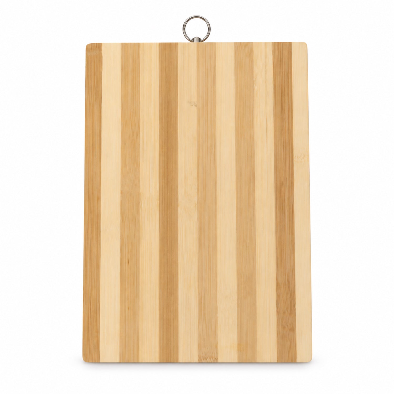 A rectangular bamboo cutting board with alternating light and dark wood stripes hangs against a white background.