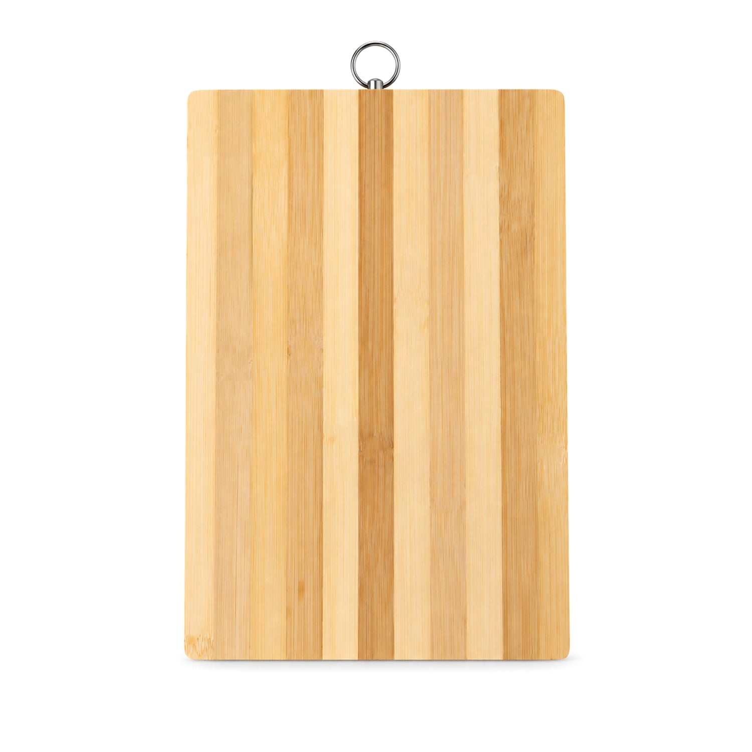 A light brown bamboo cutting board with vertical stripes and a silver hanging ring on a white background.