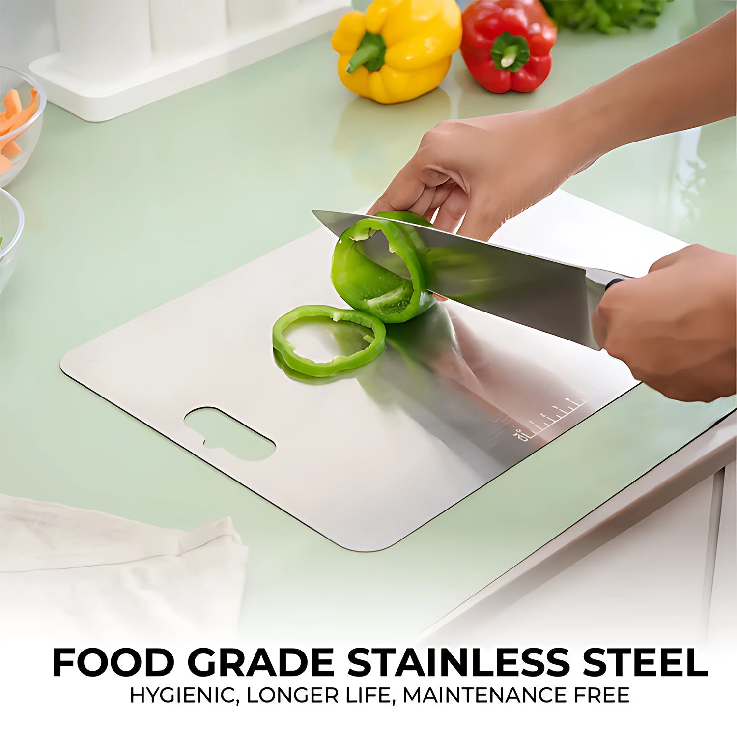 Cooking preparation on stainless steel cutting board