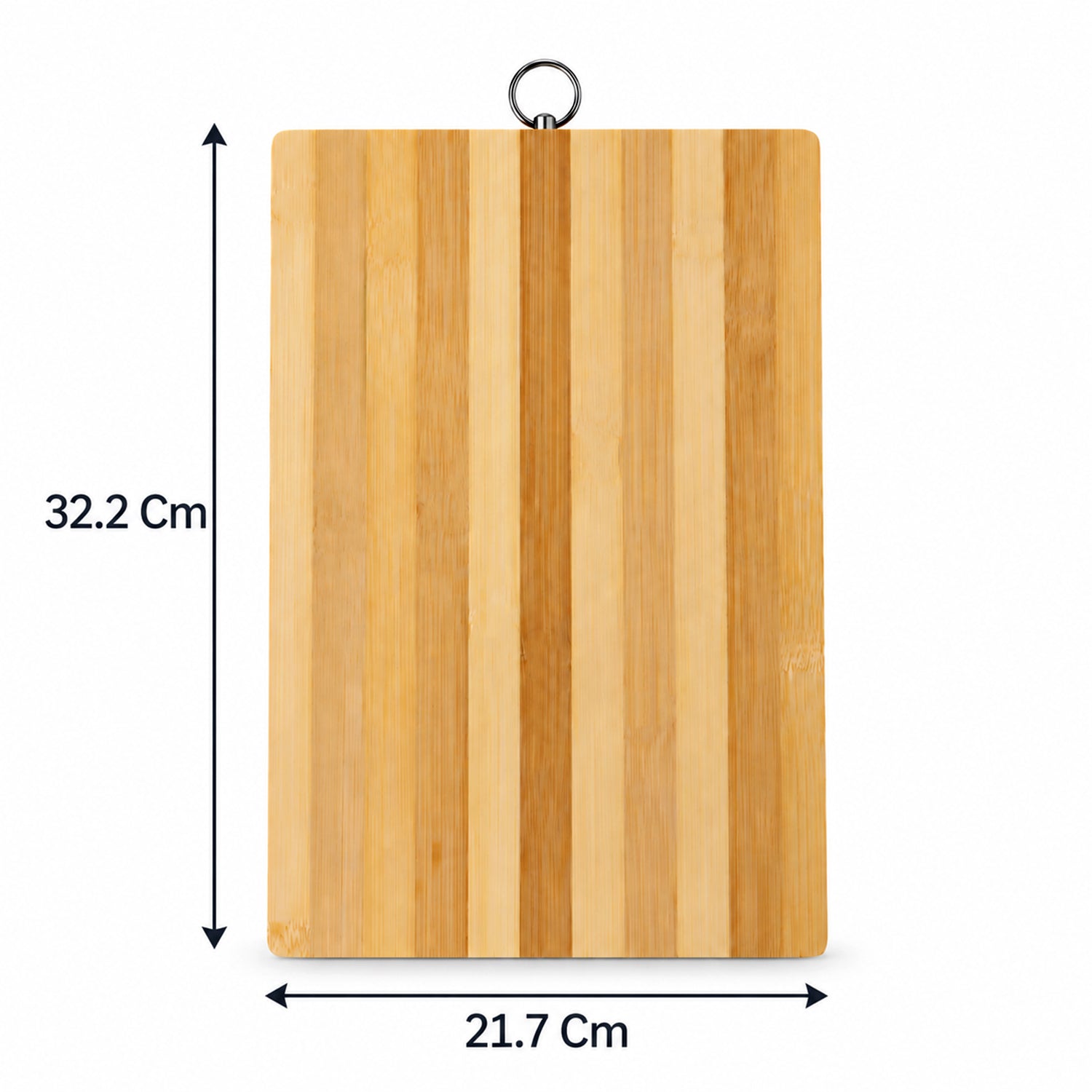 A bamboo cutting board displaying its dimensions: 32.2 cm length and 21.7 cm width.