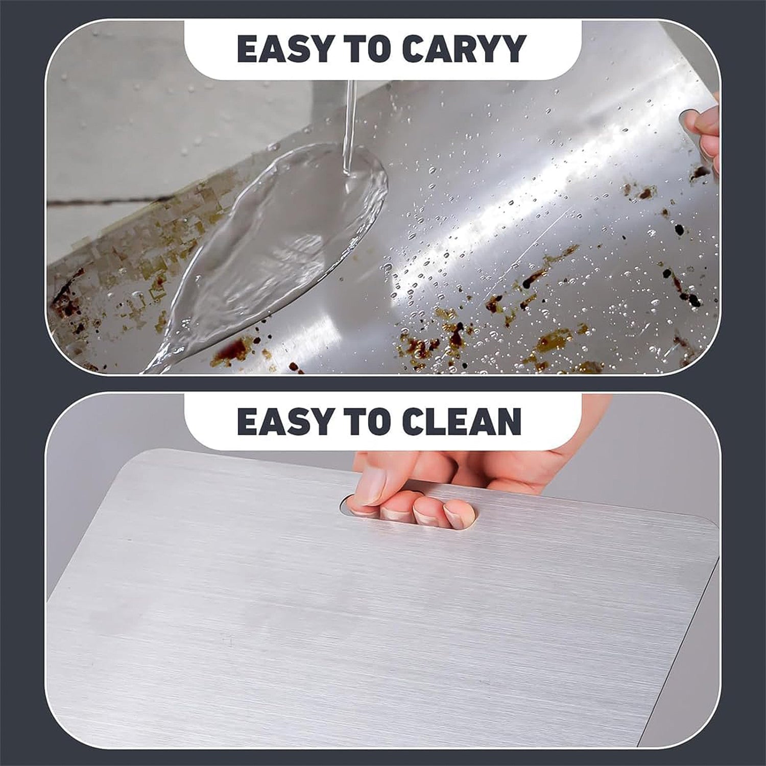 Clean stainless steel chopping board for fruits and vegetables