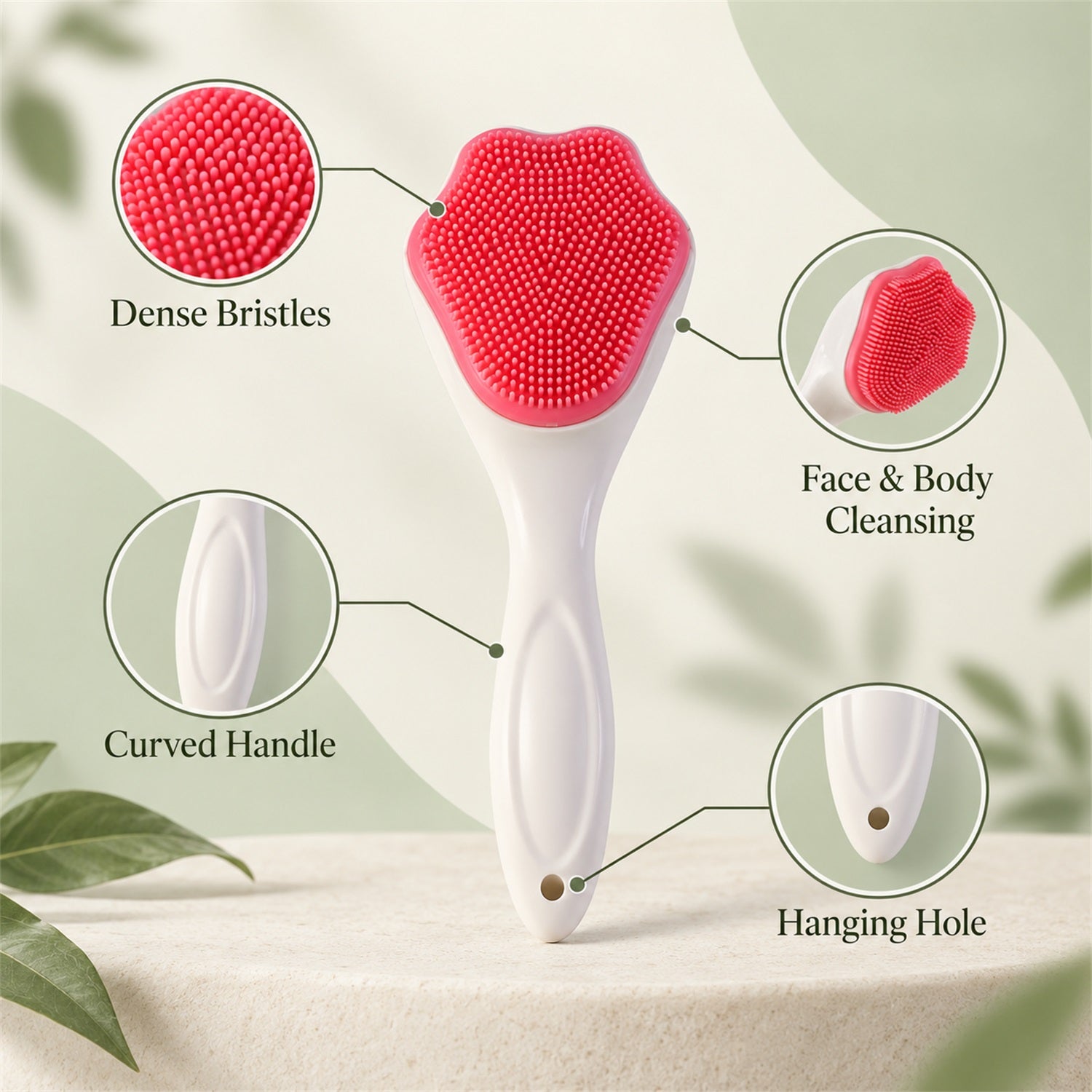 A white-handled brush with a pink, paw-shaped silicone head is highlighted with callouts for bristles, handle, and hanging