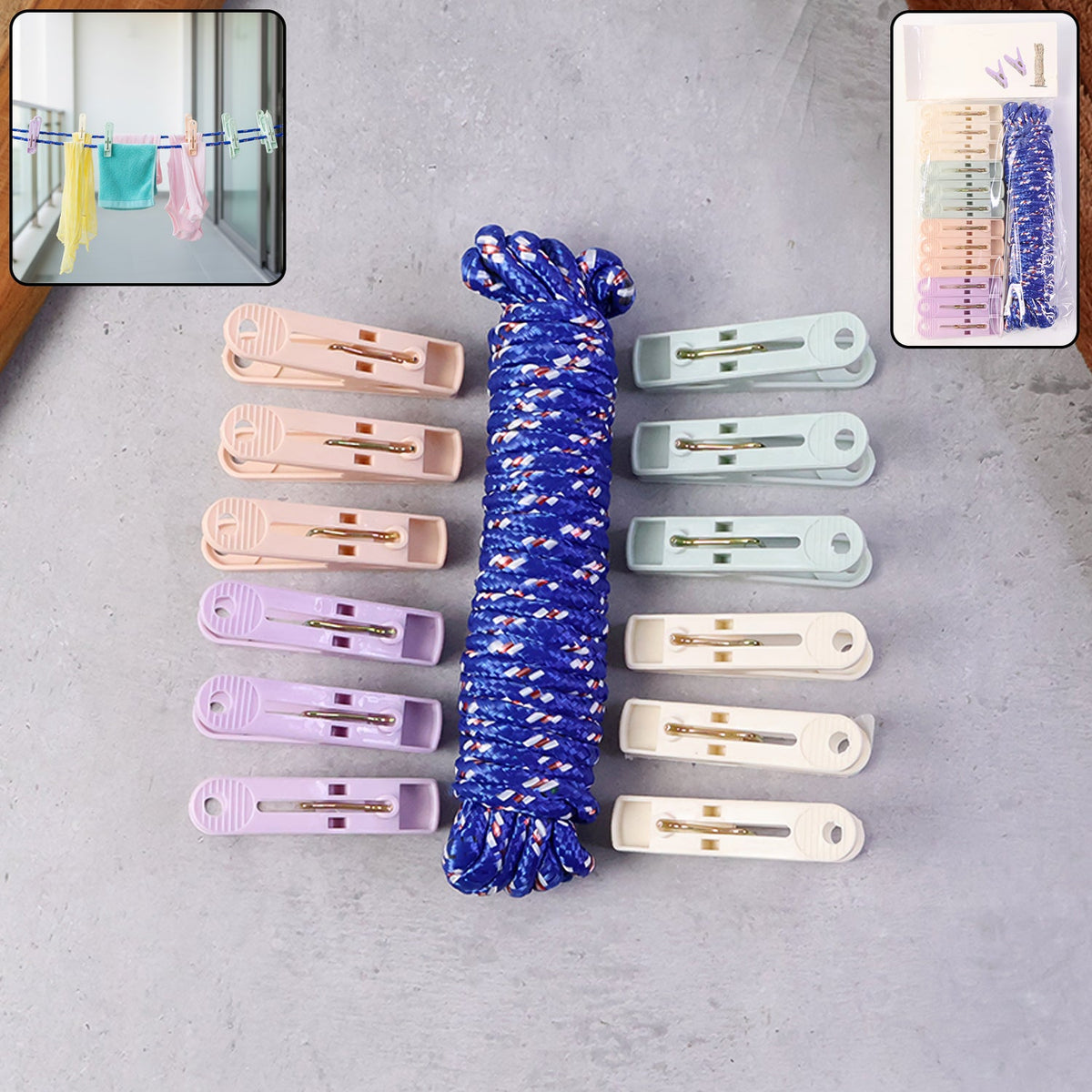 Clothesline Rope with 10 Clips – 5 Meter Approx Heavy Duty Laundry Drying Rope with Clip