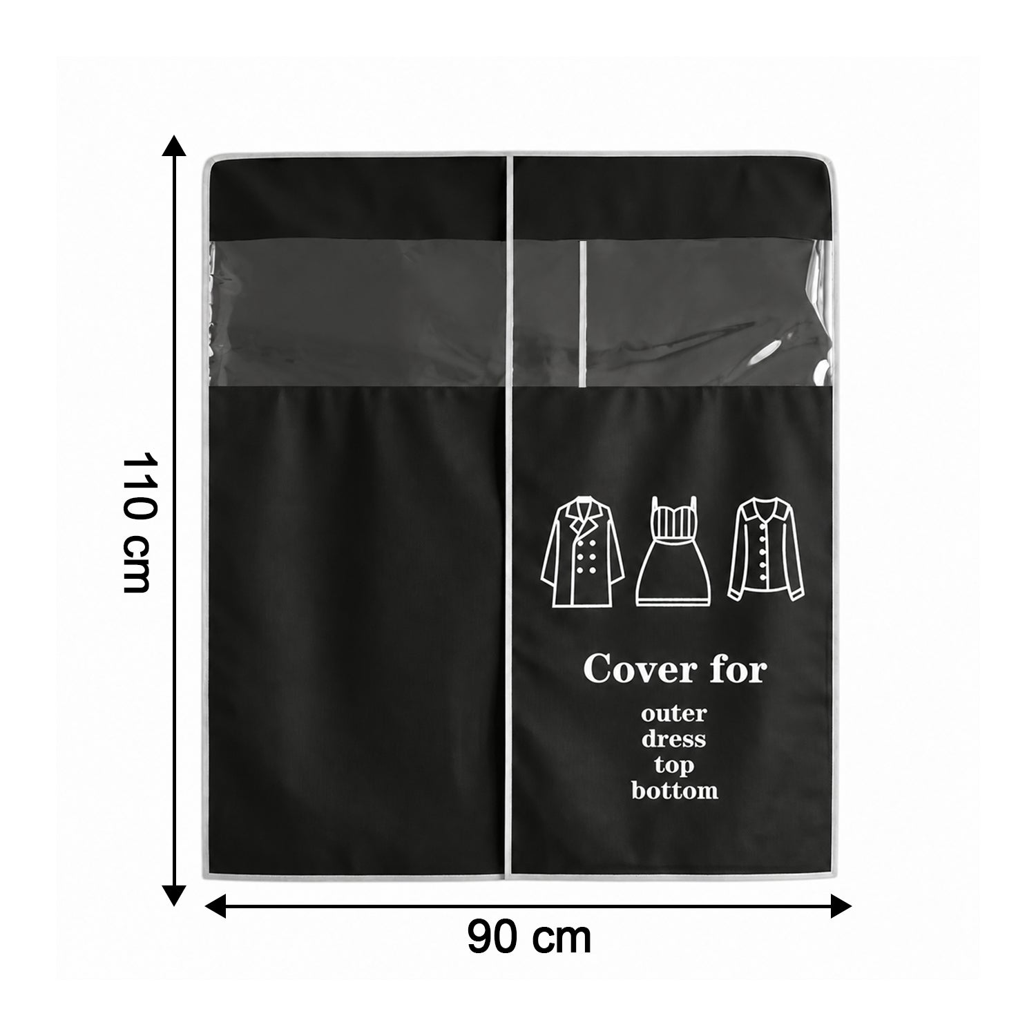 Clothes hanging inside a dust cover on a rack