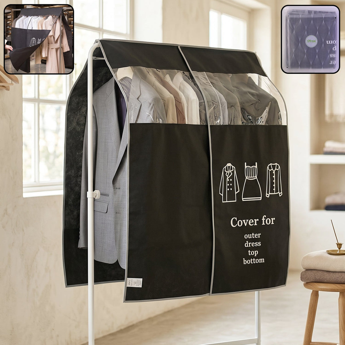 Hanging garment dust cover protecting clothes on a rack with clear window