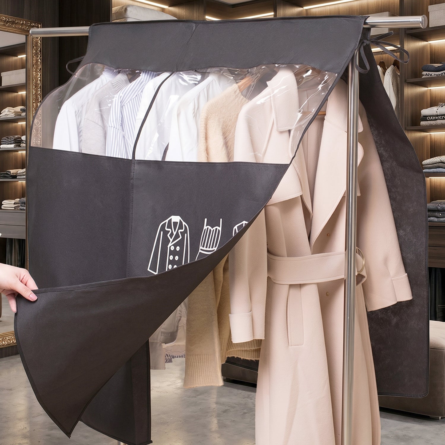 Close-up of front zip closure and clear window on garment cover