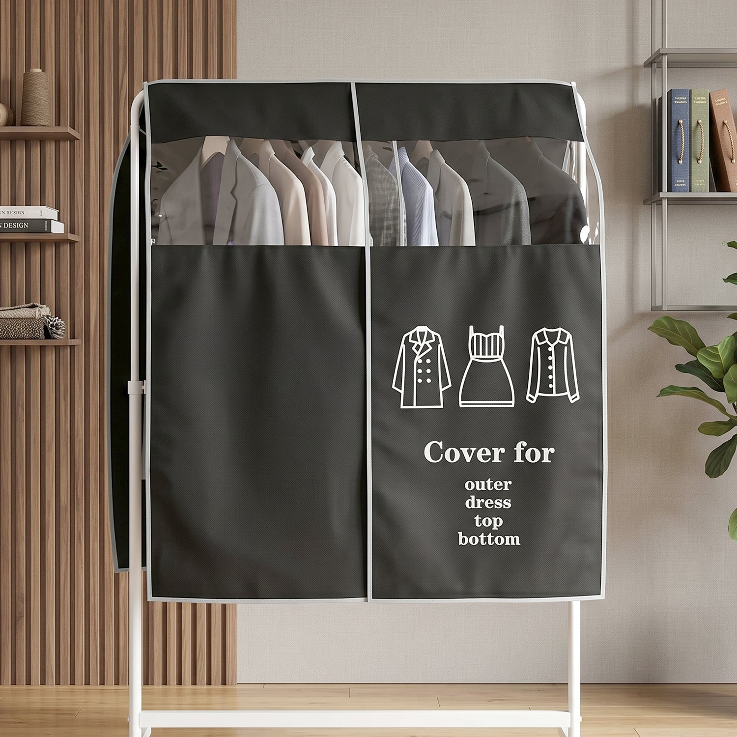 Clothes stored in dust cover with zipper, ready for storage or display