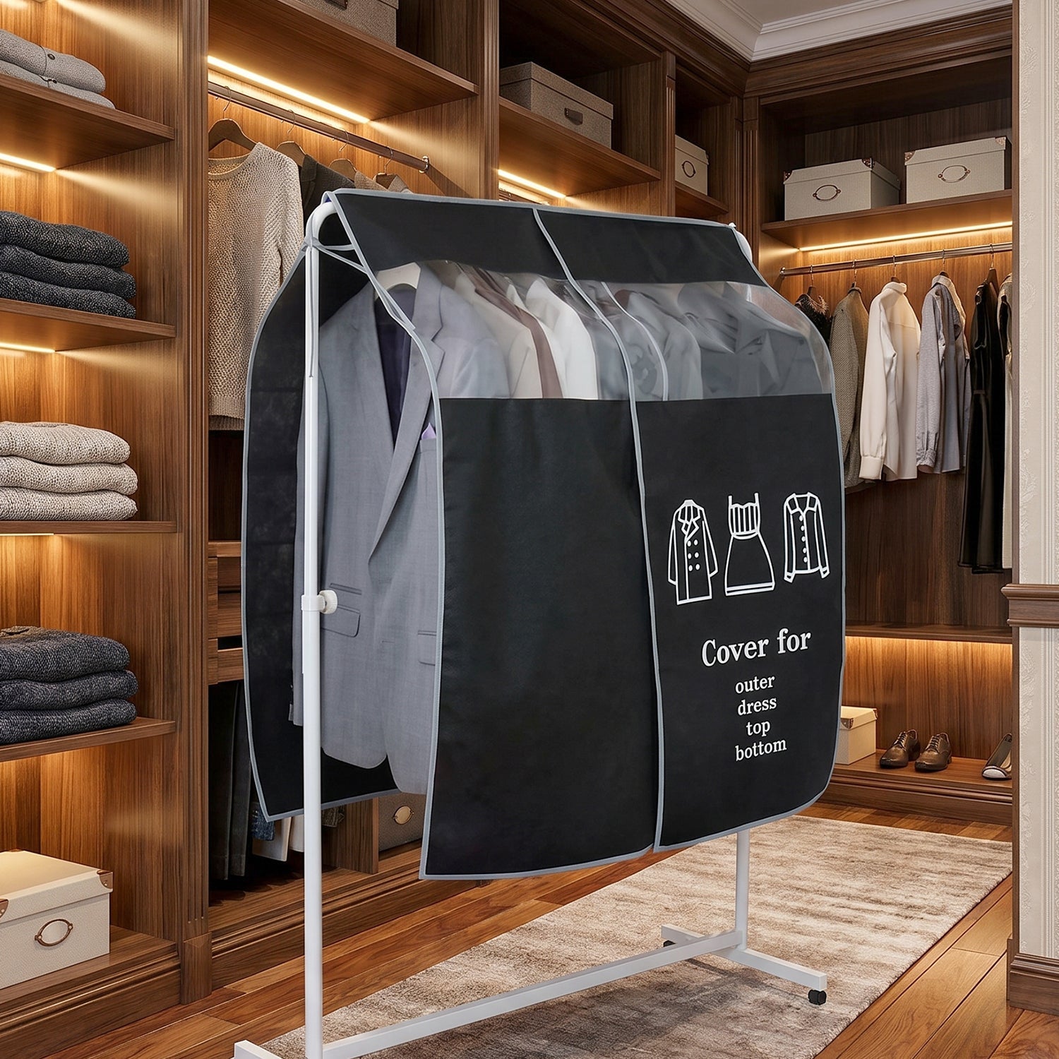 Multiple garment dust covers protecting clothes in a retail store