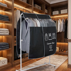 Multiple garment dust covers protecting clothes in a retail store