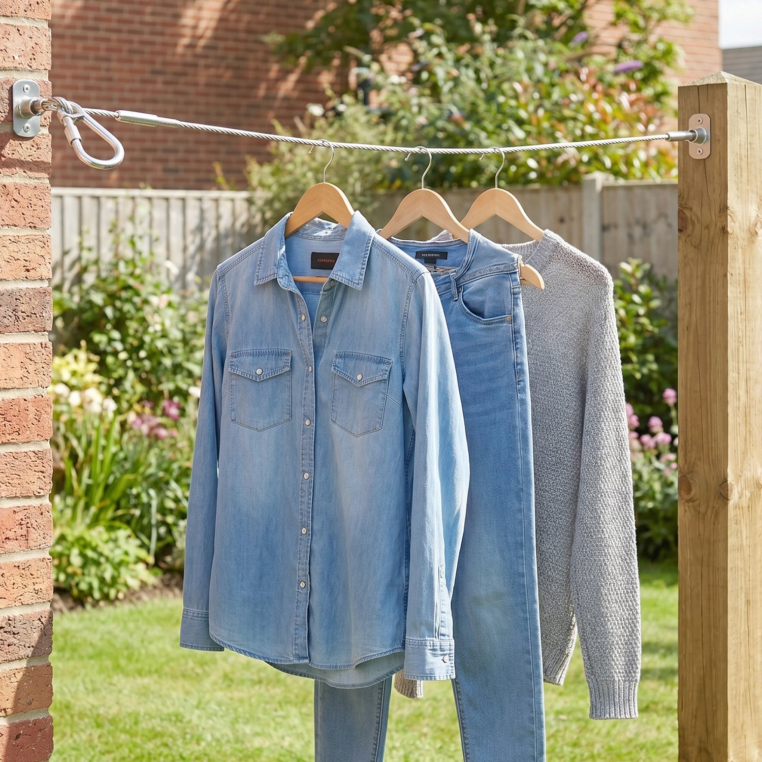 A sturdy 5 meter steel clothesline securely installed between two points for drying laundry.