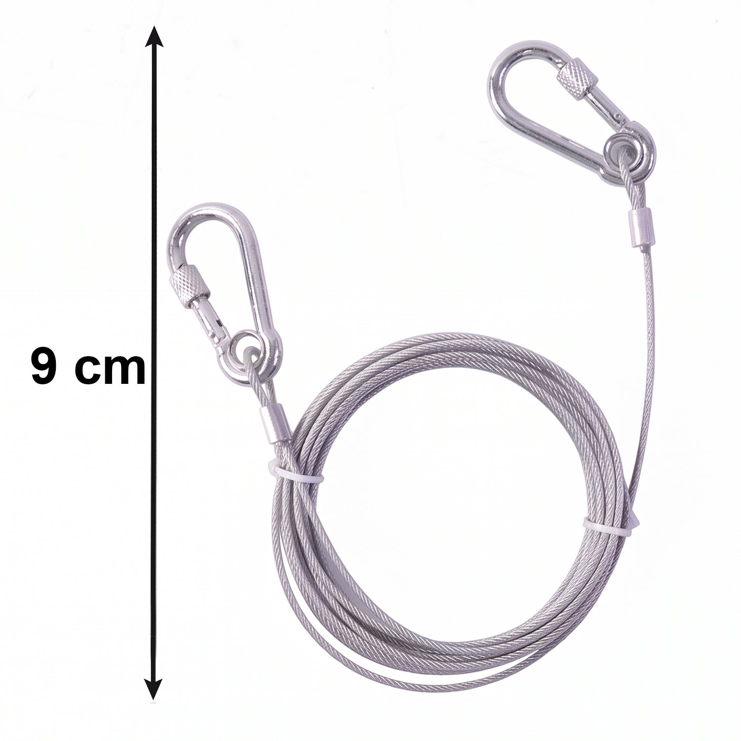Stainless steel clothesline with carabiner hooks ready for outdoor installation and use.