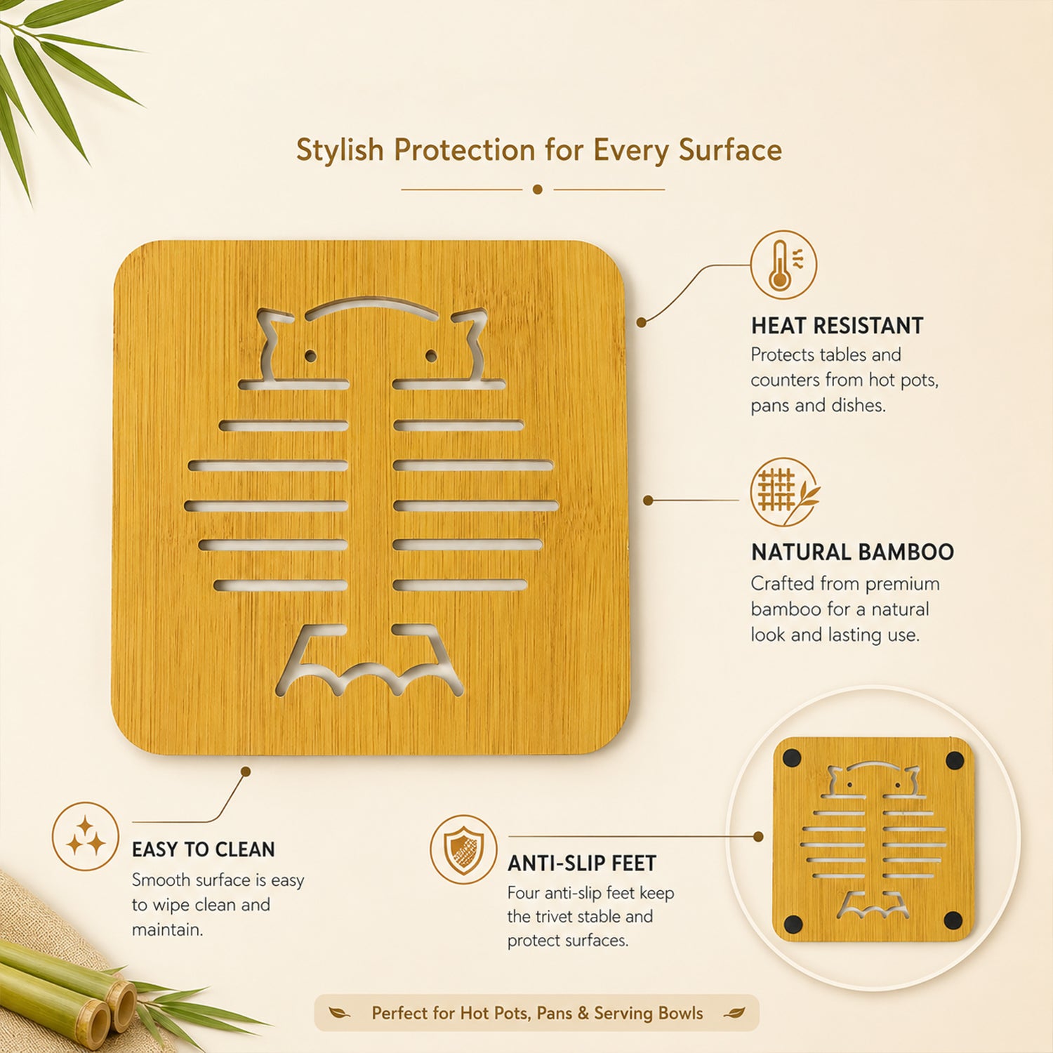 Square Wooden Trivet Mat with Cut Out Design for Hot Pots