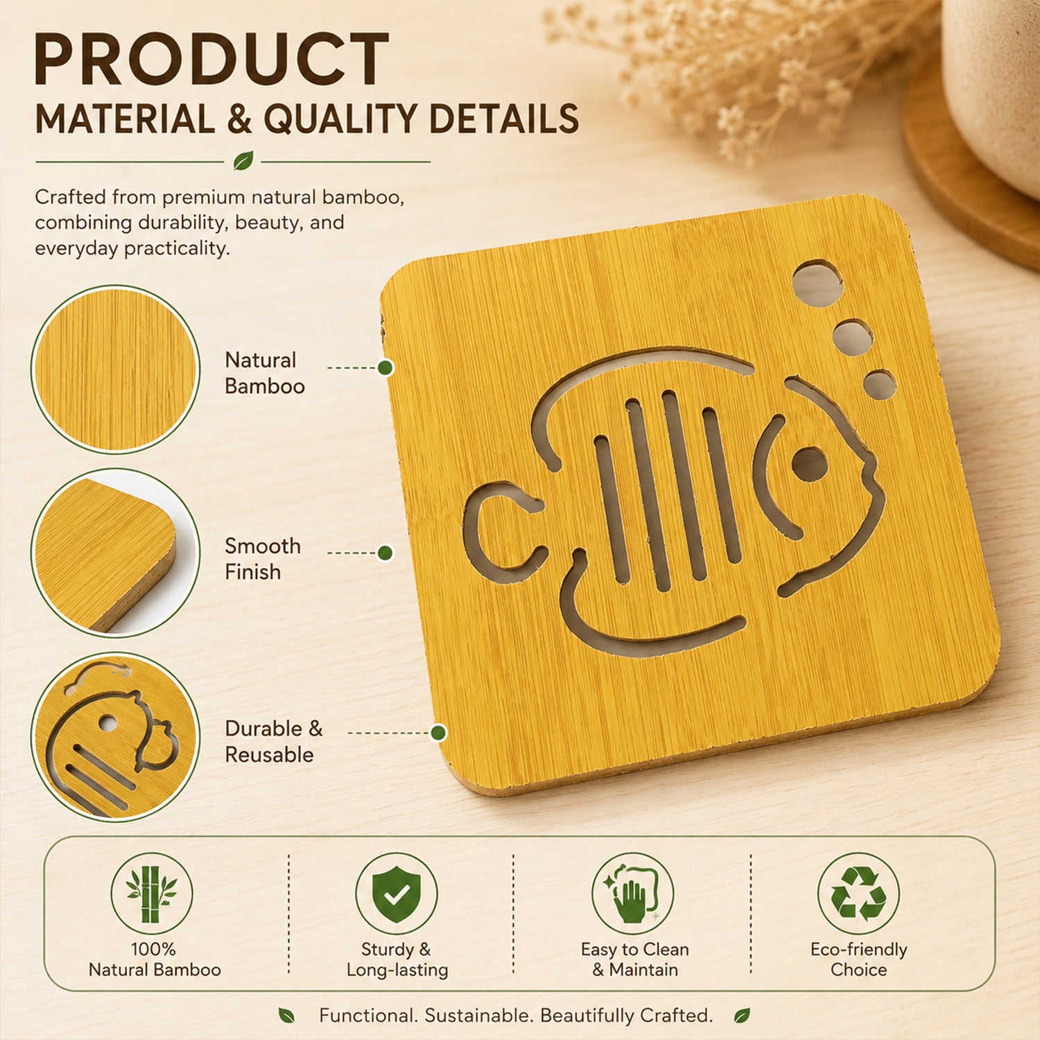 Square Wooden Coaster with Cut Out Design for Tea and Coffee