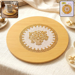 Wooden heat-resistant round coaster demonstrating protection from hot cups.