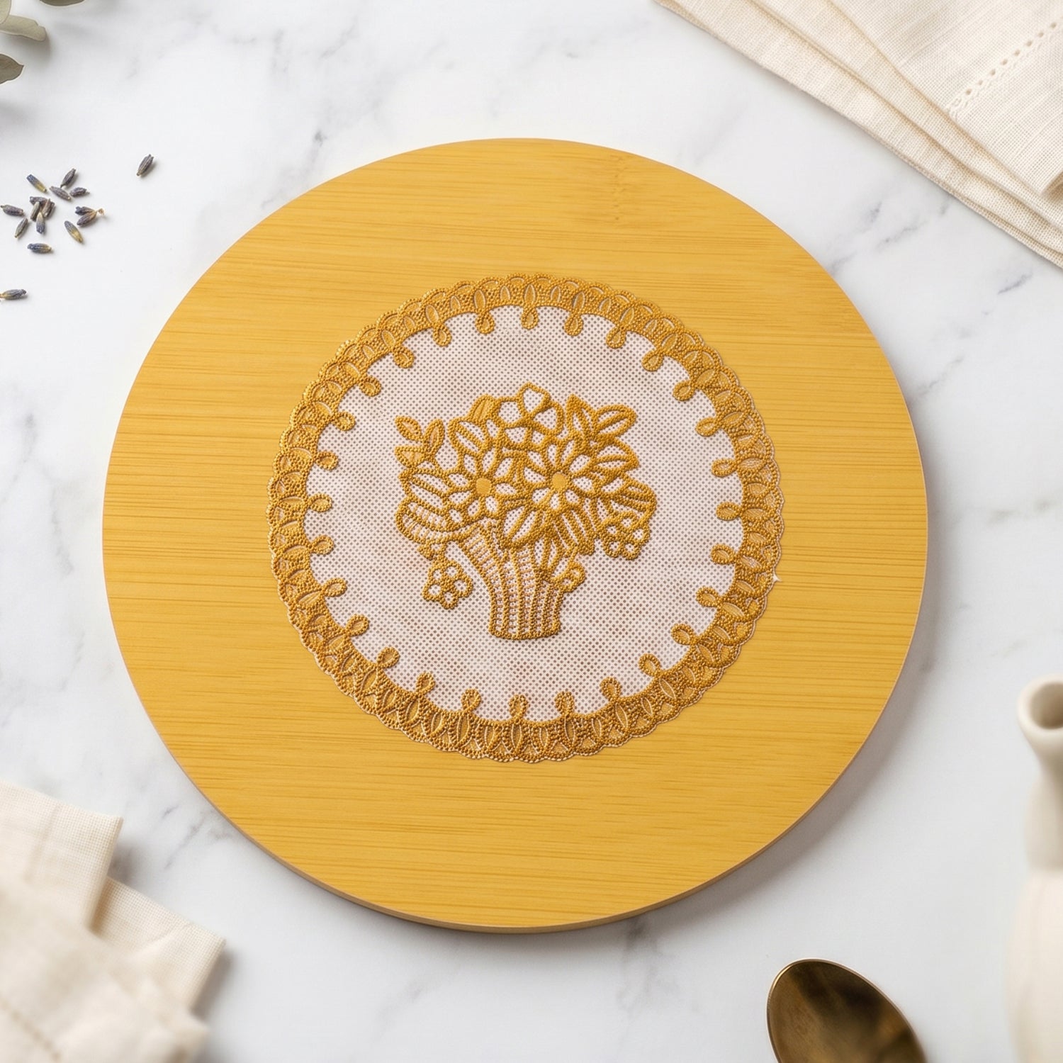 Stack of wooden coasters in natural finish for table protection.