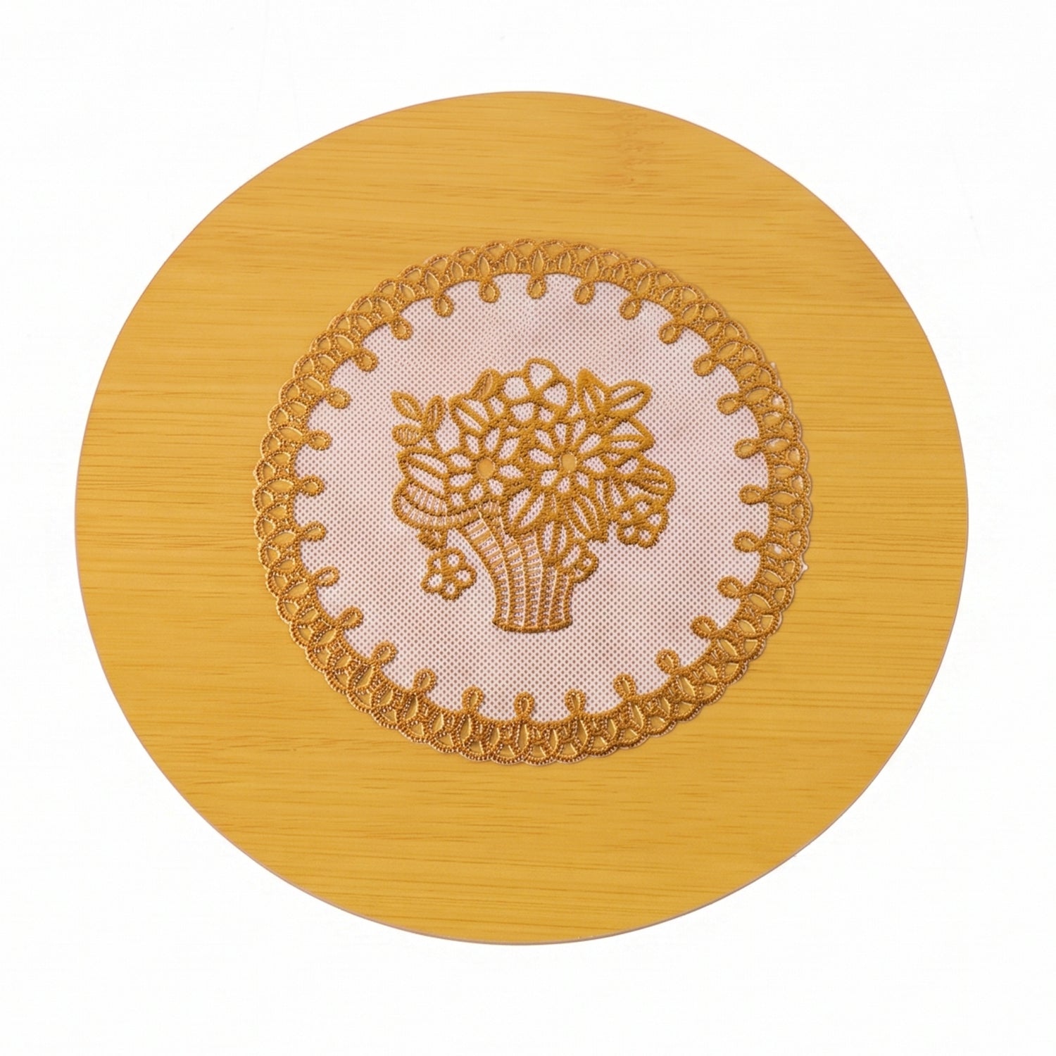 Stylish wooden coaster placed under a hot mug on a table.