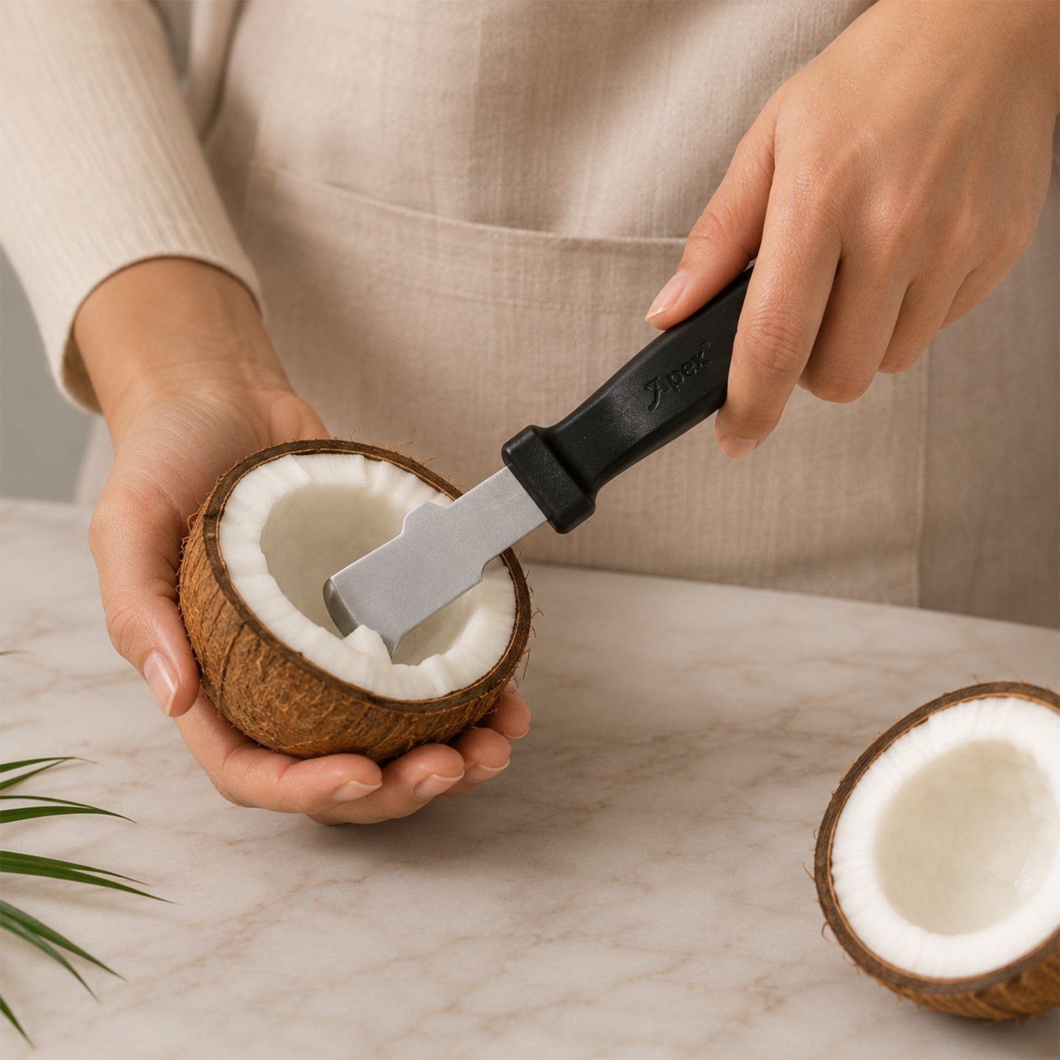 A person uses the Apex tool to remove meat from a halved coconut, with another coconut half nearby on a marble surface.