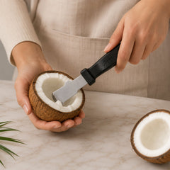 A person uses the Apex tool to remove meat from a halved coconut, with another coconut half nearby on a marble surface.