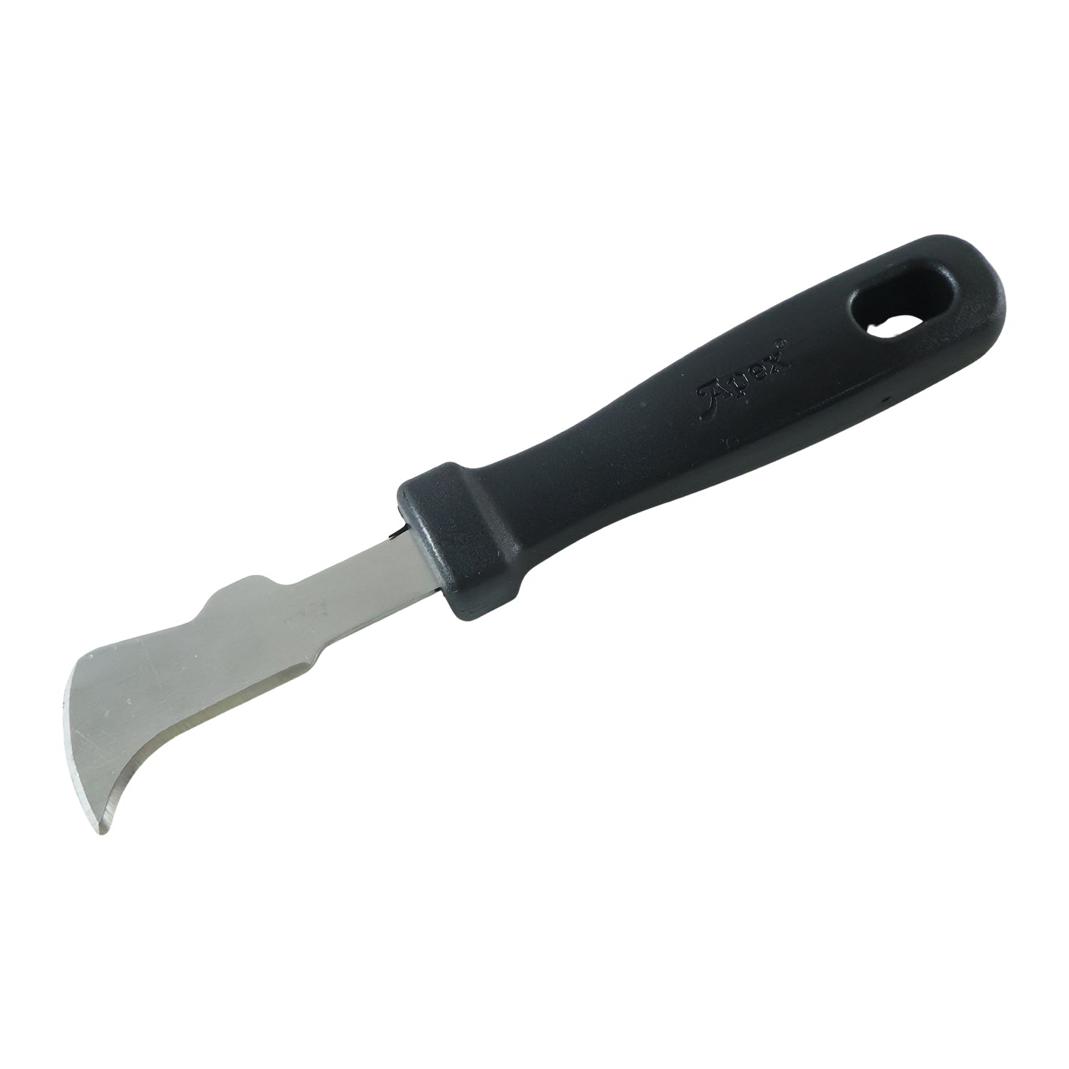 The Apex coconut meat removal tool, featuring a black handle and a curved silver blade, is shown on a white background.