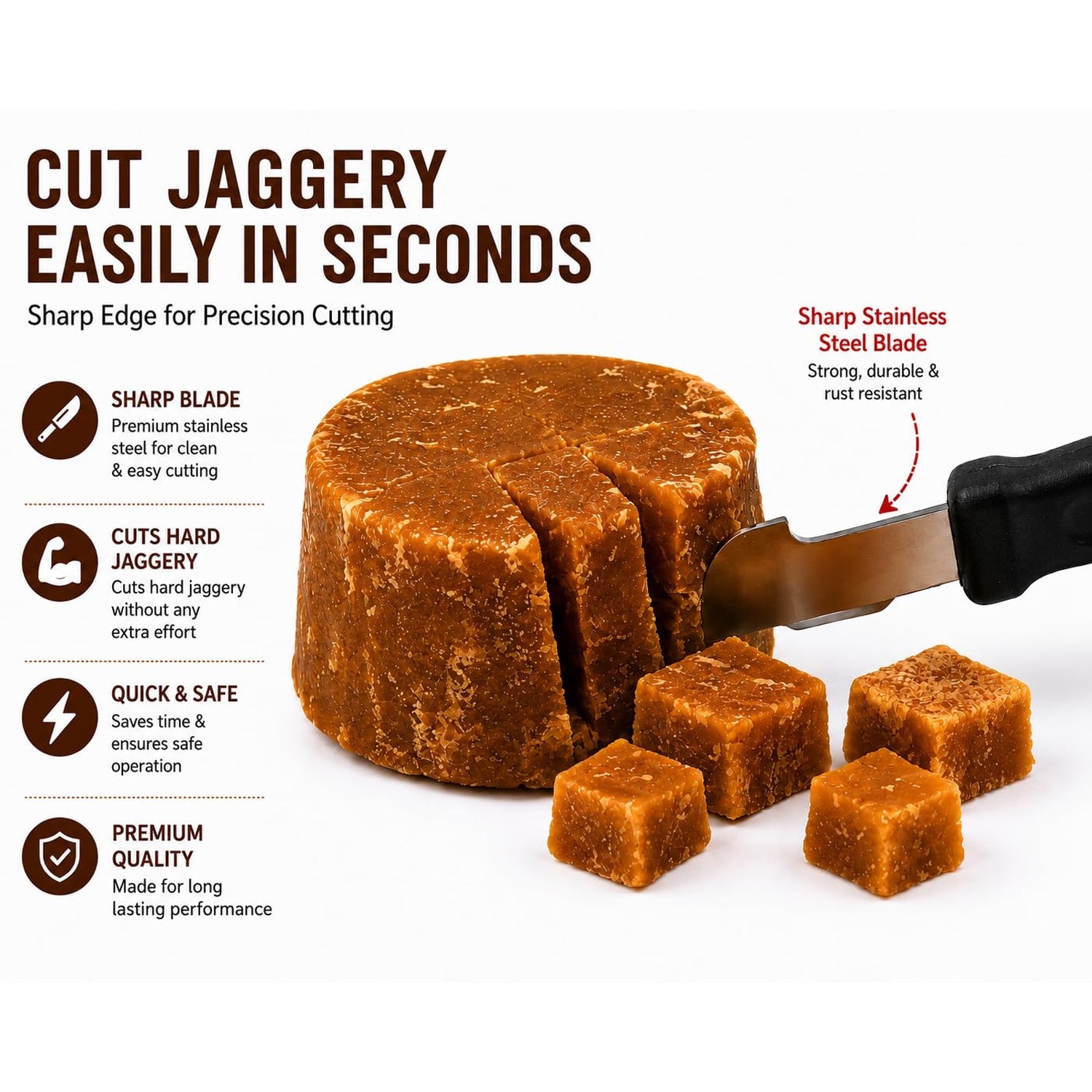 The Apex tool cuts a block of jaggery into cubes, with text highlighting its sharp blade and ease of use.
