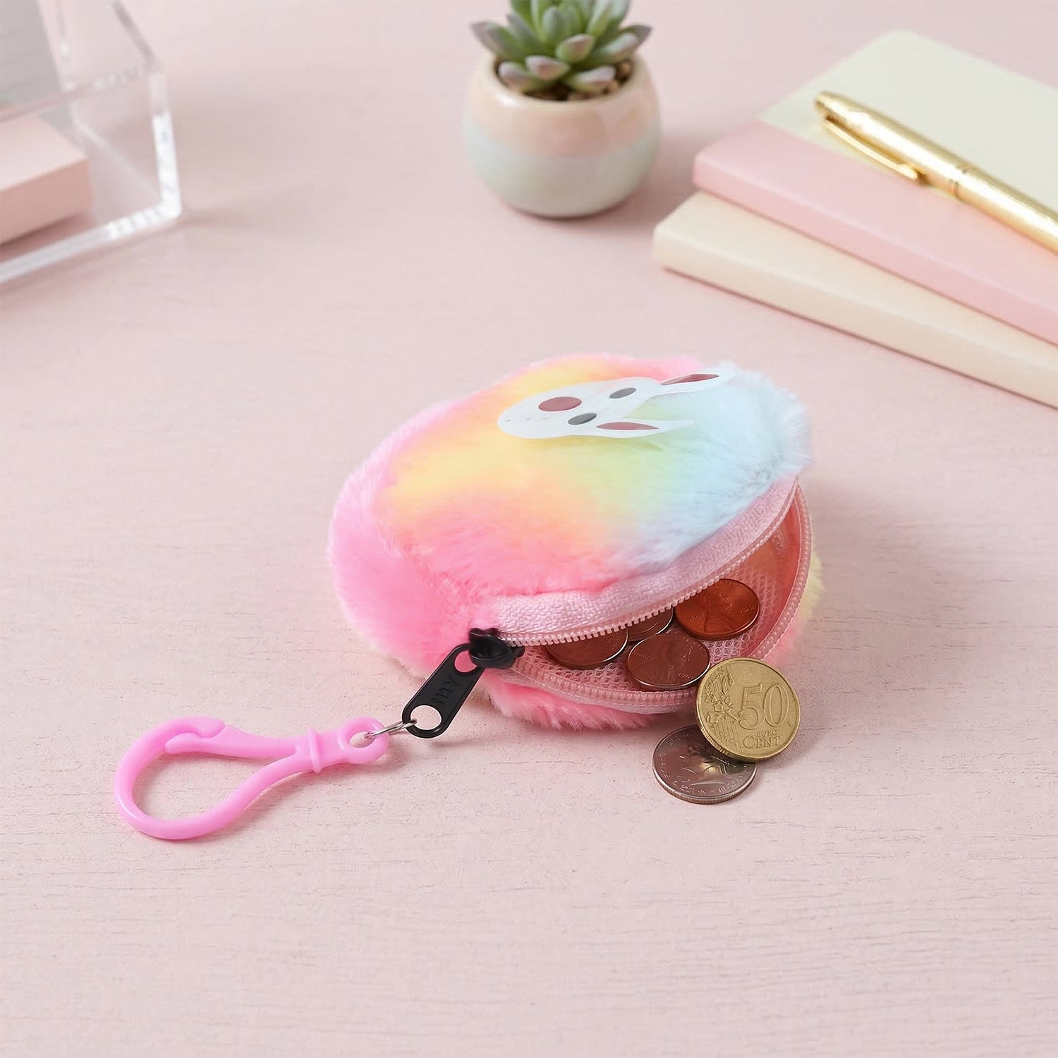 Cute Bunny Design Rainbow Fur Mini Coin Purse Keychain (1 Pc)